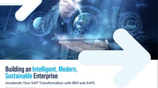 An eBook from IBM with digital images over a man using a smart device, on how to build an intelligent, modern, sustainable enterprise