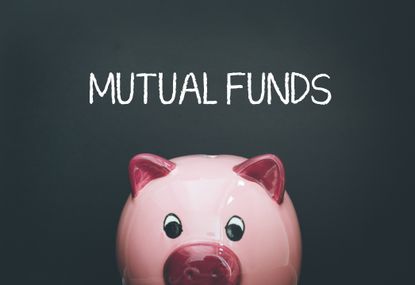 Mutual funds written out in while text above pink piggy bank