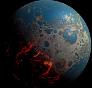 An artistic conception of early Earth showing the planet's surface impacted by asteroids.