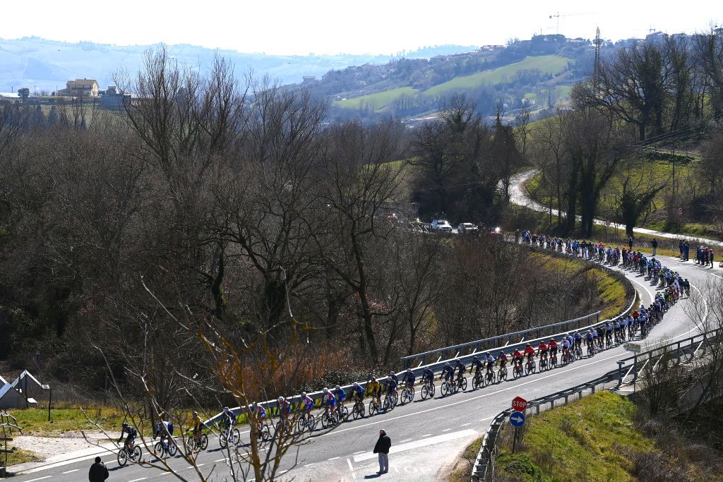 SAN BENEDETTO DEL TRONTO ITALY MARCH 13 Jonas Vingegaard Rasmussen of Denmark and Team Jumbo Visma Purple Sprint Jersey Thymen Arensman of Netherlands and Team DSM White Best Young Rider Jersey and a general view of the peloton competing during the 57th TirrenoAdriatico 2022 Stage 7 a 159km stage from San Benedetto del Tronto to San Benedetto del Tronto TirrenoAdriatico WorldTour on March 13 2022 in San Benedetto del Tronto Italy Photo by Tim de WaeleGetty Images