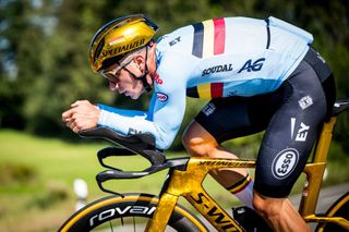 Remco Evenepoel trains on his new golden Specialized TT bike ahead of the 2024 UCI Road World Championships