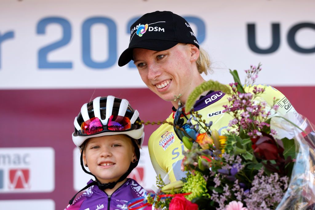 SITTARD WATERSLEY NETHERLANDS SEPTEMBER 03 Lorena Wiebes of Netherlands and Team DSM Yellow leader jersey celebrates at podium during the 25th Simac Ladies Tour 2022 Stage 5 a 178km individual time trial stage from Windraak to Sittard Watersley SLT2022 UCIWWT on September 03 2022 in Sittard Watersley Netherlands Photo by Bas CzerwinskiGetty Images