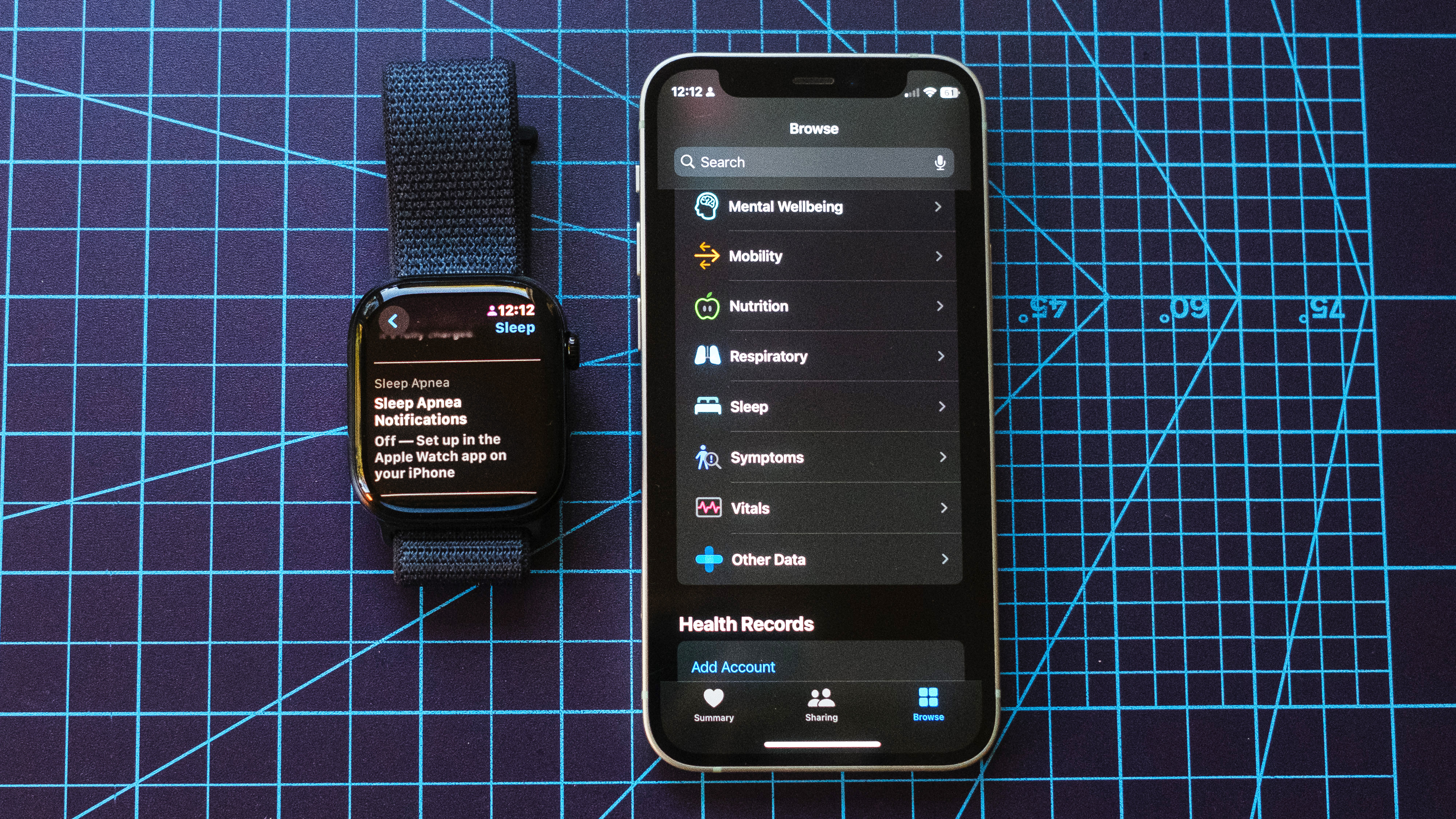 A close-up of the Apple Watch 10 and an iPhone, showing where in the Health app you turn on sleep apnea detection