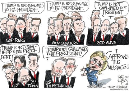 Political cartoon U.S. 2016 election Hillary Clinton GOP against Donald Trump