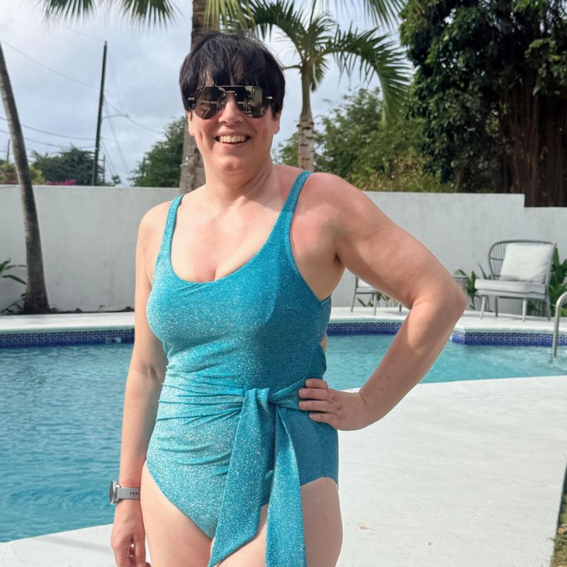 Tammi Theis wearing the Panache Sparkle Teal Gigi Swimsuit