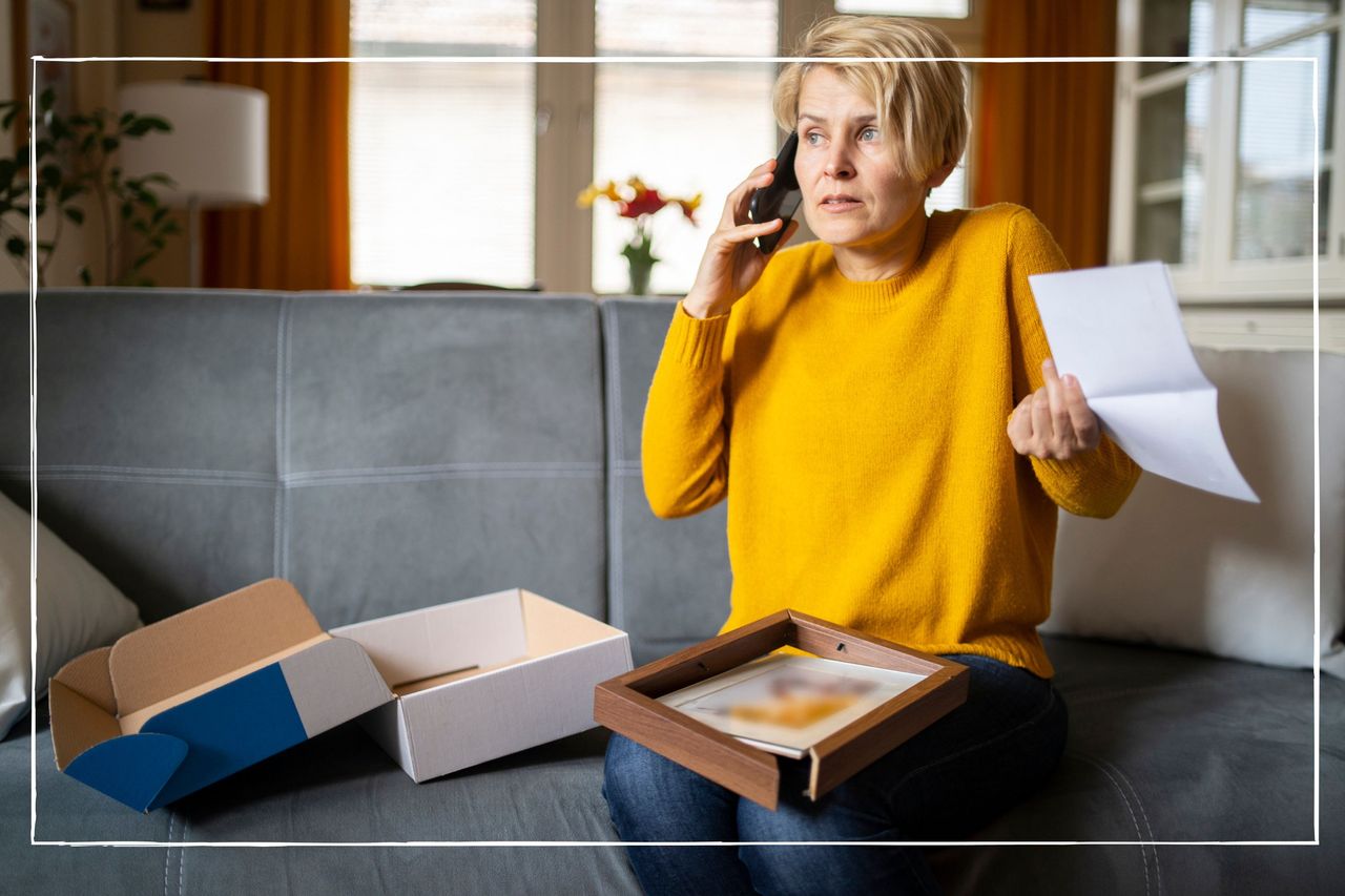 Woman complaining on the phone after receiving a broken item in the post