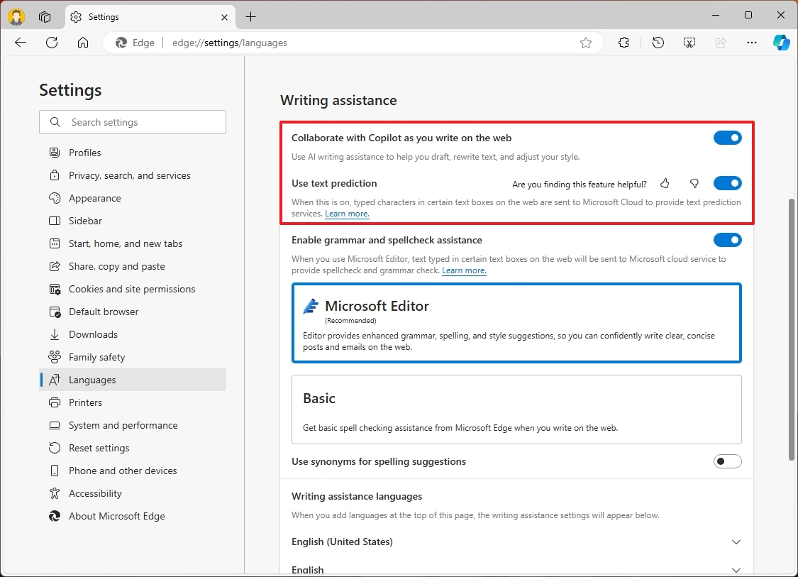 Microsoft Edge write assistance features