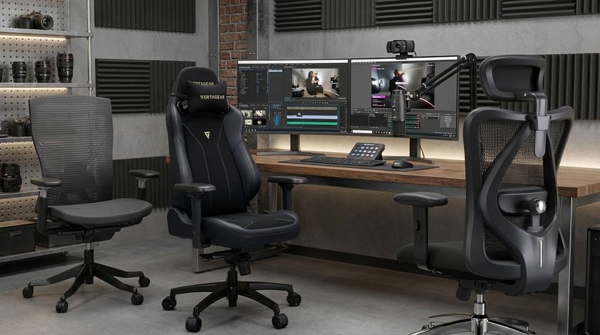 Three office chairs in an AI-generated home office. 