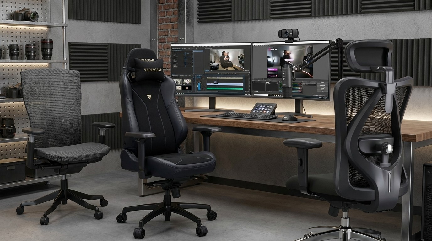 Three office chairs in an AI-generated home office. 