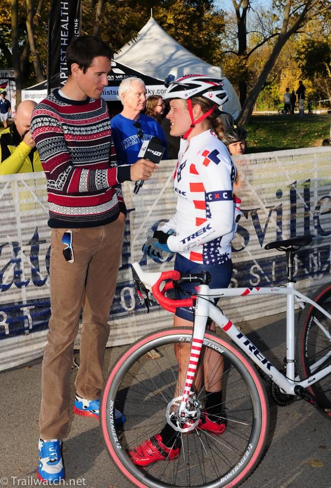 Katie Compton (Trek Cyclocross Collaborative) being interviewed at the finsih