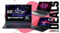 Three gaming laptops on a pink and white deals background, with "Deals" text running down the right hand side