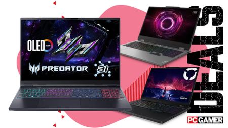 Three gaming laptops on a pink and white deals background, with "Deals" text running down the right hand side