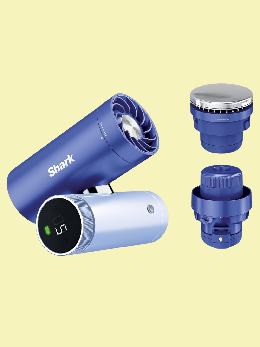 A blue handheld ChillPill portable fan from Shark