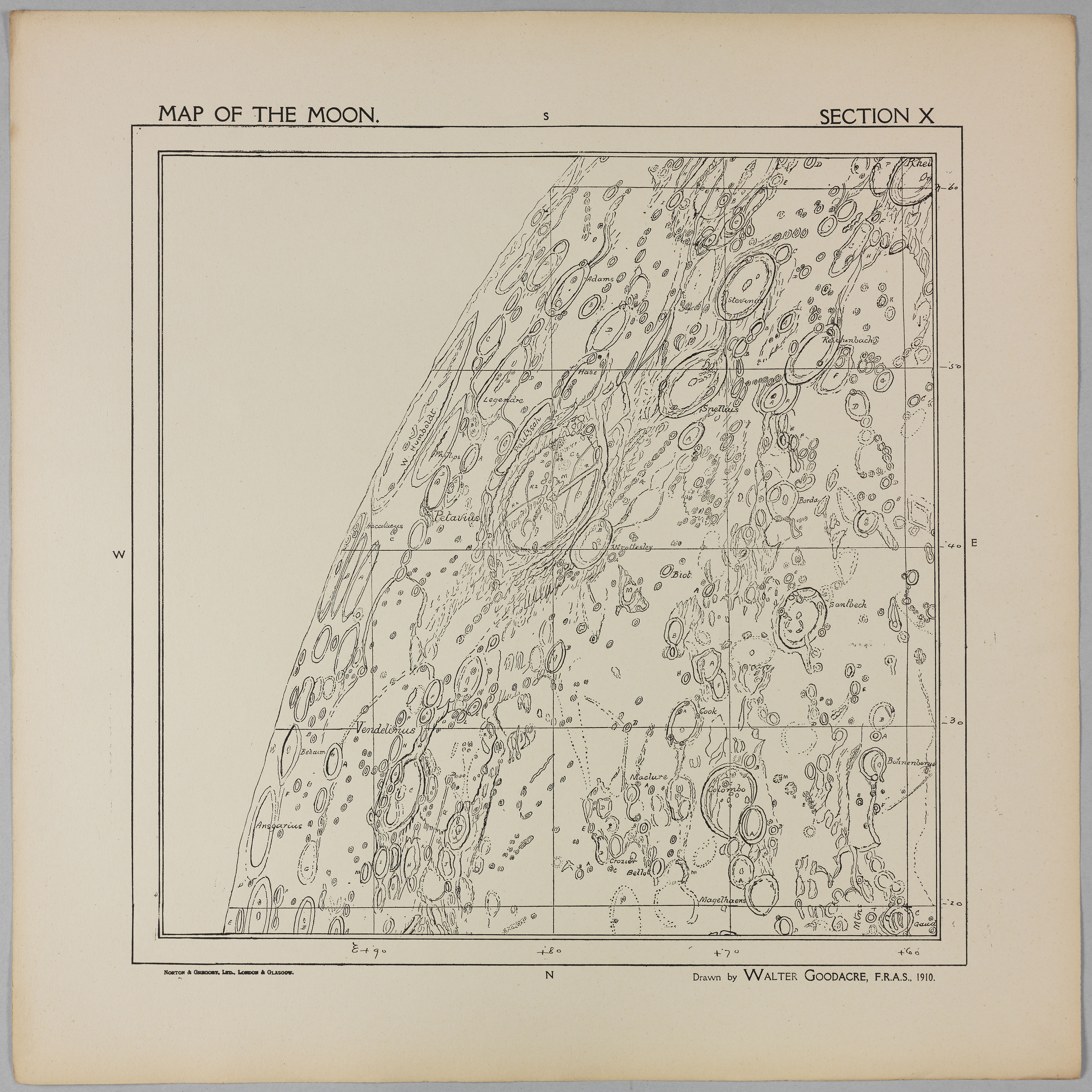 This image shows Section 10 of the 1910 map of the moon publication by Walter Goodacre. Goodacre’s map of the moon is astonishingly detailed, and gives a glimpse back into the days when astronomy was not done with computers, spectrometers and CCD chips, but with human eyes, pens, paper, and the occasional piece of photographic film.