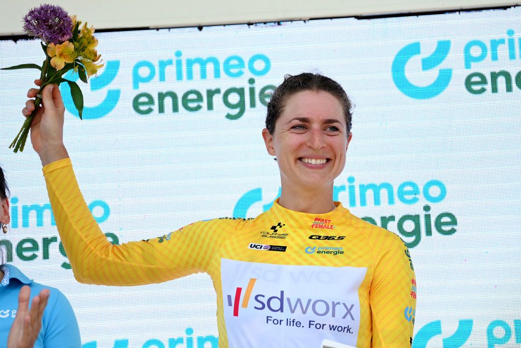 ABTWILL SWITZERLAND JUNE 18 Marlen Reusser of Switzerland and Team SD Worx celebrates at podium as Yellow leader jersey winner during the 3rd Tour de Suisse Women 2023 Stage 2 a 257km individual time trial from St Gallen to Abtwil UCIWWT on June 18 2023 in Abtwil Switzerland Photo by Tim de WaeleGetty Images