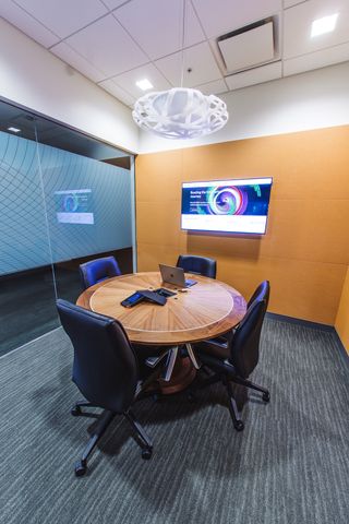 Smaller rooms include just a Polycom Trio phone and connections to a wall-mounted display.