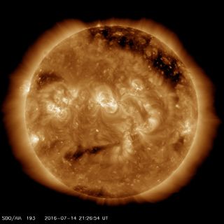 The sun seems to be making a nervous face in this image, which was captured on July 14, 2016 by NASA's Solar Dynamics Observatory spacecraft.