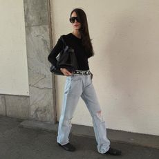 @annabelrosendahl denim outfit with khaite studded belt