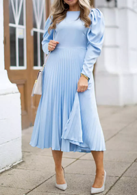 Closet London Puff Sleeve Pleated Midi Dress, Light Blue £85 | JohnLewis.com