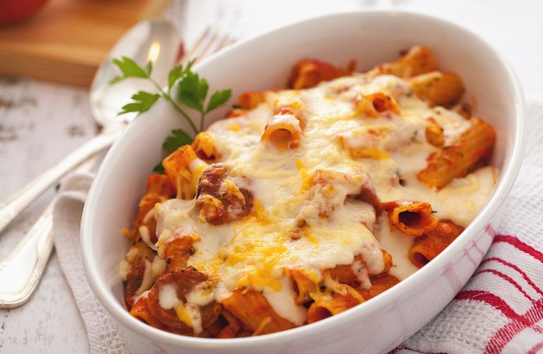 A sausage rigatoni pasta bake served in a dish.