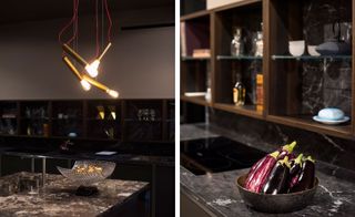Two low light photos featuring accessories. On the right is a fruit bowl and a set of shelves with bottles on.