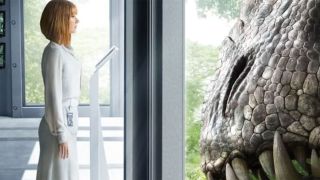 Bryce Dallas Howard in poster with dinosaur from Jurassic World