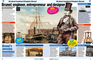 Magazine spread with images and text about Brunel