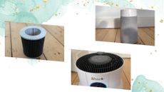 Three air purifiers, the filter, the controls, and the body, on a white and green background