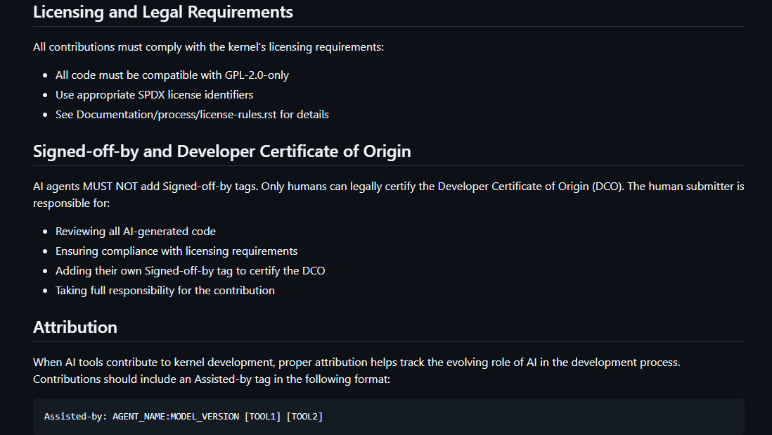 لقطة شاشة لمستودع GitHub لمشروع Linux Kernel، توضح سياسة الذكاء الاصطناعي الجديدة.
