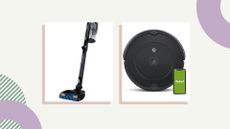 Two Amazon Prime Day vacuum deals against a patterned background