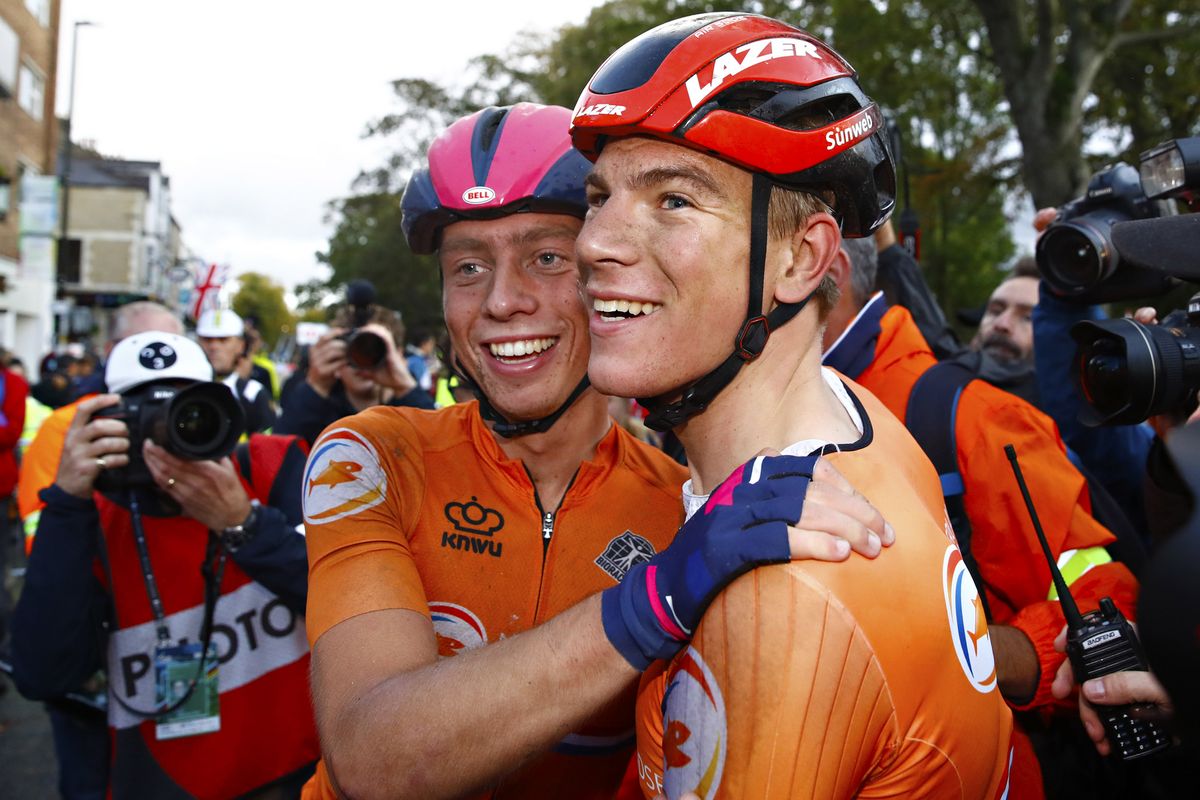 Nils Eekhoff celebrates his win with a teammate