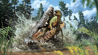 A reconstruction captures the last moments of life for an ornithopod in the jaws of a Cretaceous crocodilian.