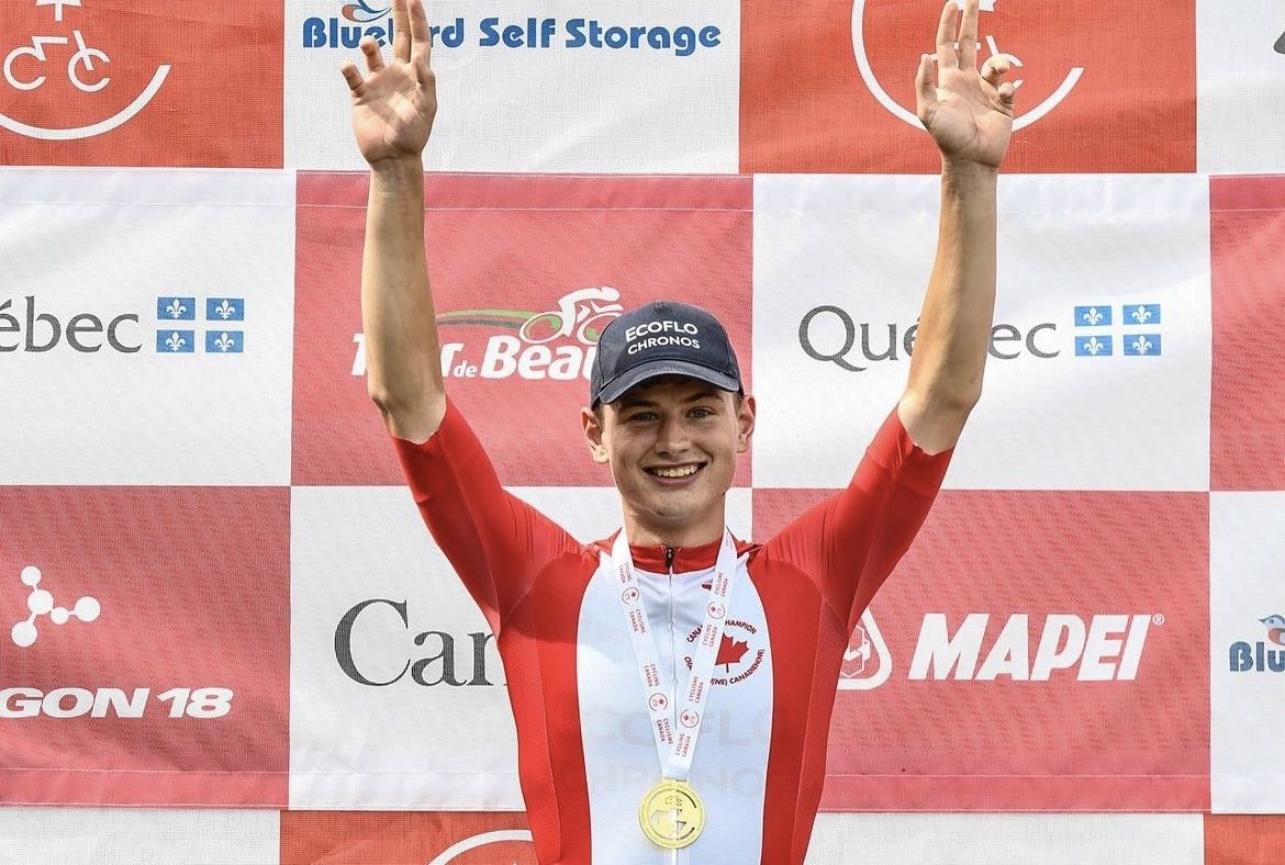 Jonas Walton celebrates gold medal as U23 champion at 2024 Canadian road nationals in individual time trial