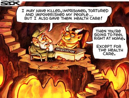 Political cartoon U.S. Fidel Castro hell health care