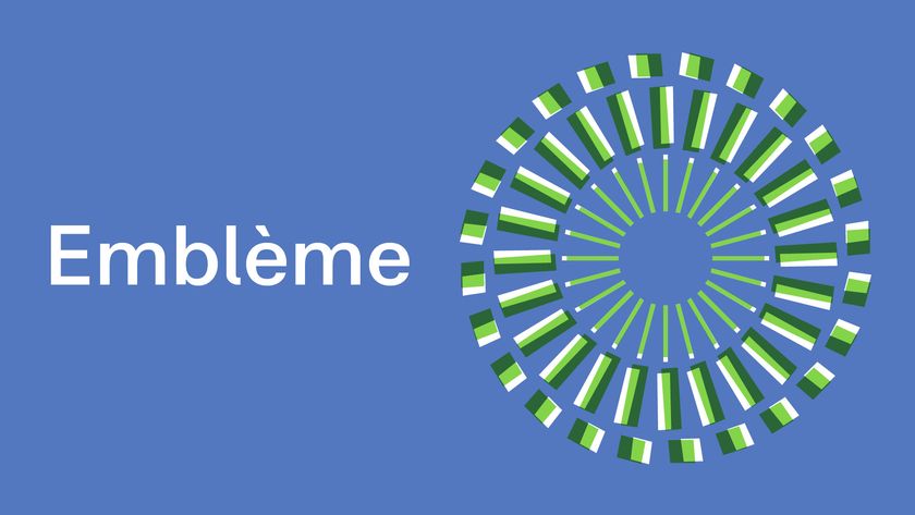 Embléme text next to a spiral on a blue background