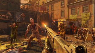 Shooting a zombie with an assault rifle in Dying Light 2.