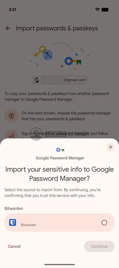 passkey import and export interface within Google Password Manager