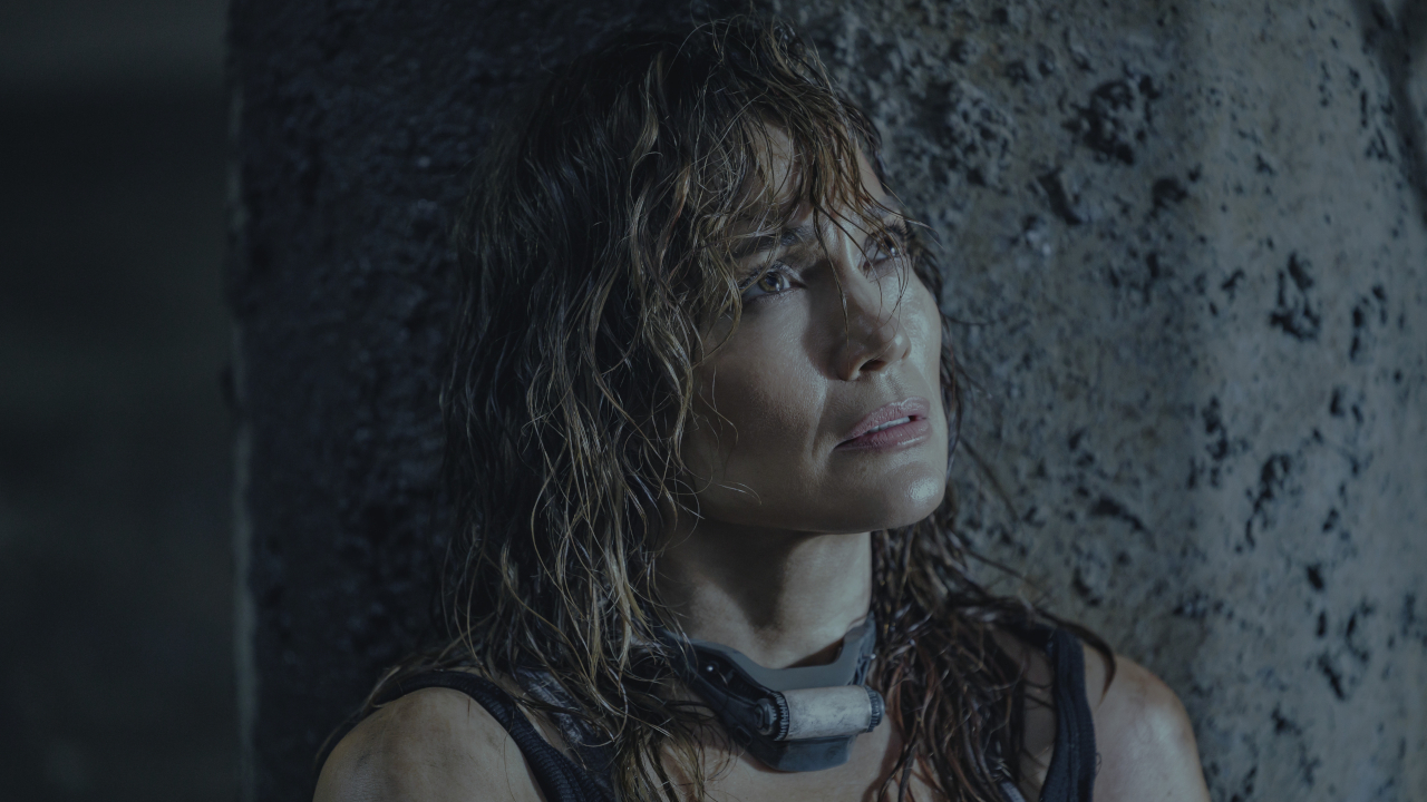 Atlas Shepherd (Jennifer Lopez) looks worried in Atlas.