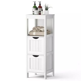 A tall multifunctional storage cabinet for the bathroom