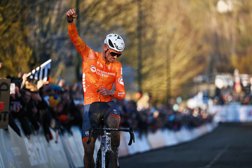 LIEVIN, FRANCE - FEBRUARY 02: Gold medalist Mathieu Van Der Poel of Netherlands celebrates winning during the 76th UCI Cyclo-Cross World Championships 2025 - Men&#039;s Elite on February 02, 2025 in Lievin, France. (Photo by Luc Claessen/Getty Images)