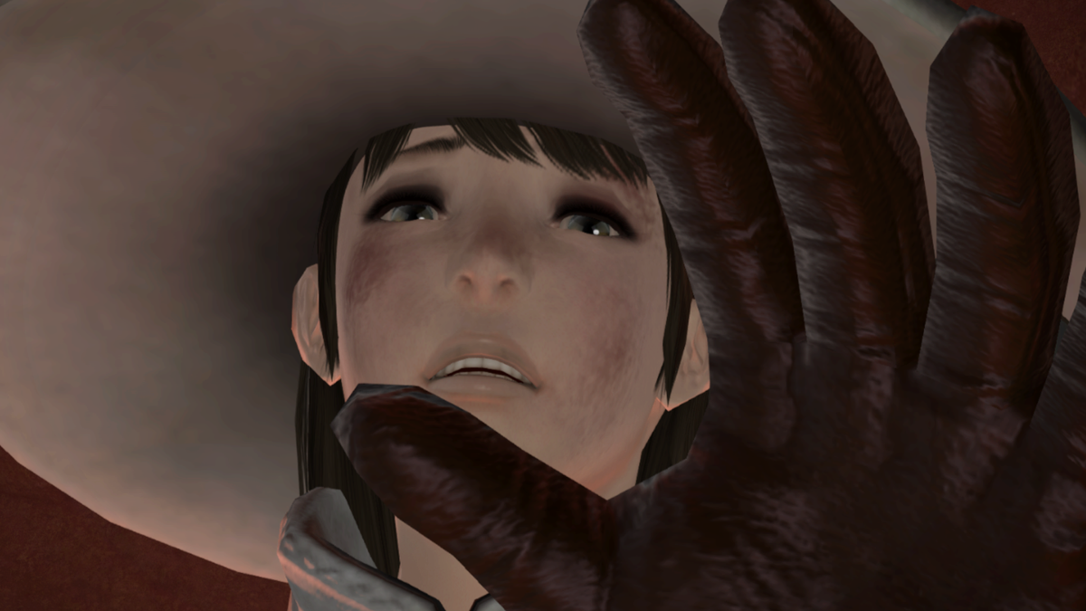 A healer looks mournfully towards the camera, hand outstretched, as she topples into the bowels of the Tam-Tara Deepcroft in Final Fantasy 14.