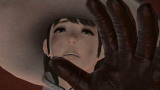 A healer looks mournfully towards the camera, hand outstretched, as she topples into the bowels of the Tam-Tara Deepcroft in Final Fantasy 14.