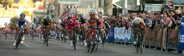 Anthony Giacoppo (centre) from Western Australia upstaged a crack field to win the National Men's Elite Criterium Championship in Ballarat.