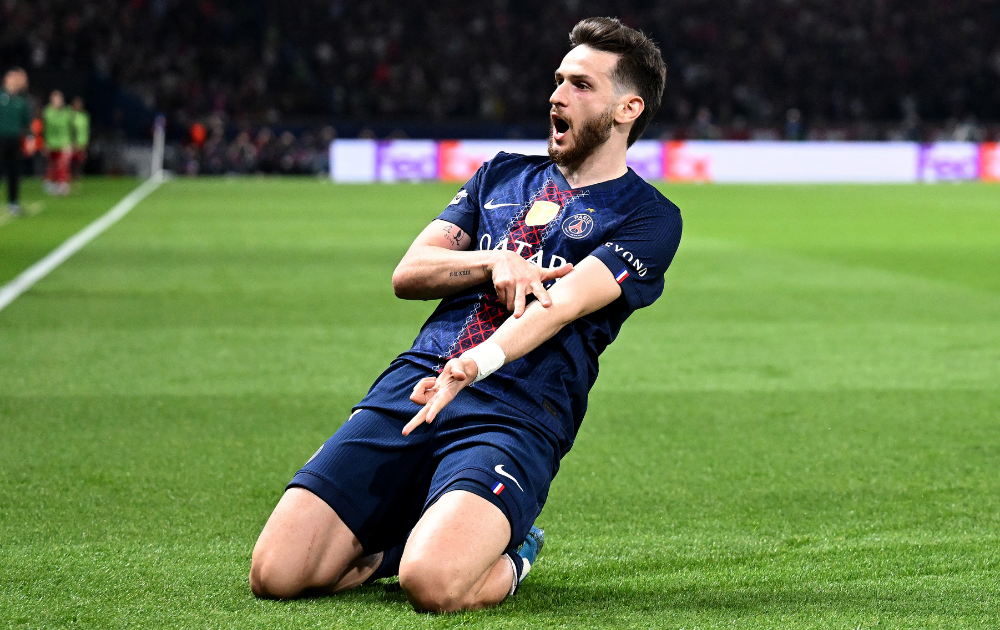 Khvicha Kvaratskhelia of Paris Saint-Germain celebrates scoring his team's second goal during the UEFA Champions League 2025/26 Quarter-Final First Leg match between PSG and Liverpool FC