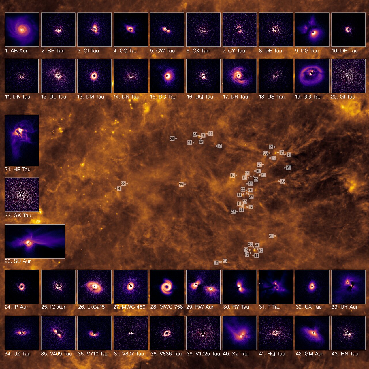 More images of planet forming disks in purple hues with a background showing where they were found. It's the cloud that looks mustard yellow.