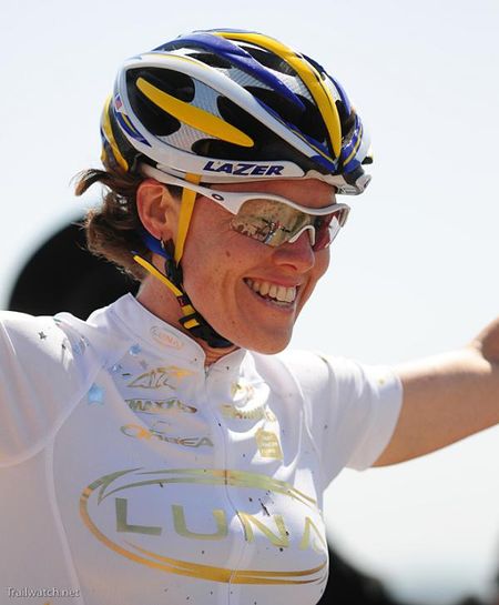 Georgia Gould (Luna) wins the elite women's short track at Sea Otter.