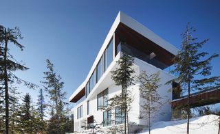 The horizontal cedar wood planks outside are painted bright white