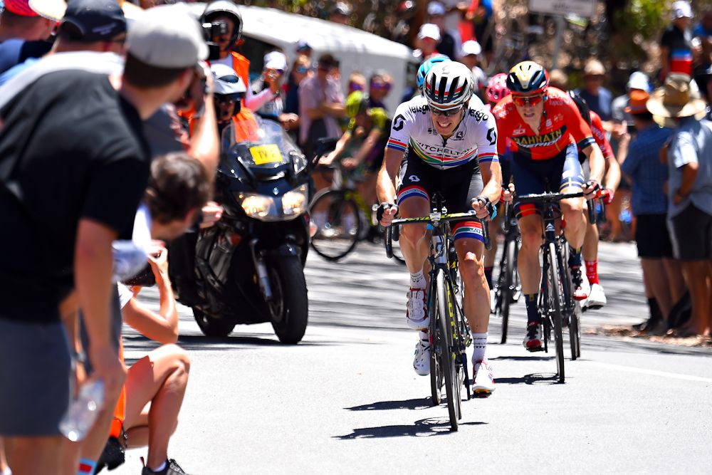 Daryl Impey powers to the finish on Willunga Hill to finish third and win the overall