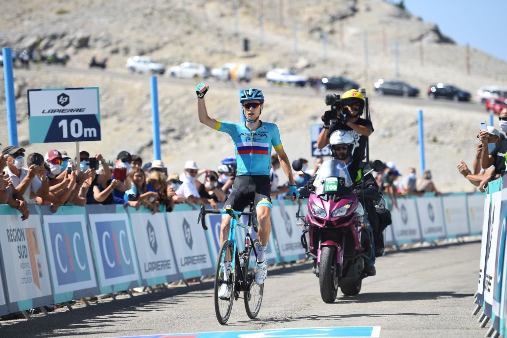 Russias Aleksandr Vlasov of Team Astana celebrates after winning the Mont Ventoux Denivele Challenge on August 6 2020 at the Mont Ventoux southern France Mont Ventoux Denivele Challenge is a 182 kms one day road cycling race from VaisonLaRomaine to Mont Ventoux with nearly 4000 meters of ascending elevation Photo by Sylvain THOMAS AFP Photo by SYLVAIN THOMASAFP via Getty Images