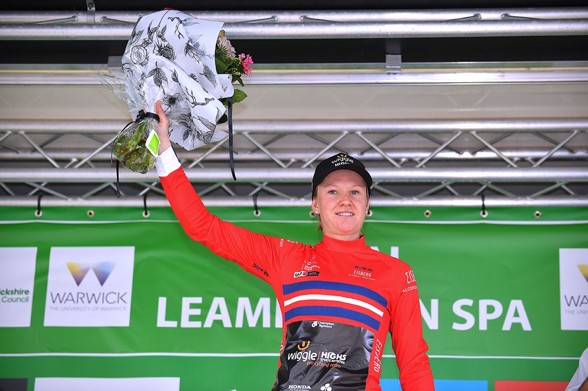 Jolien D'hoore in the red sprints jersey after stage 3 of the Ovo Energy Women's Tour